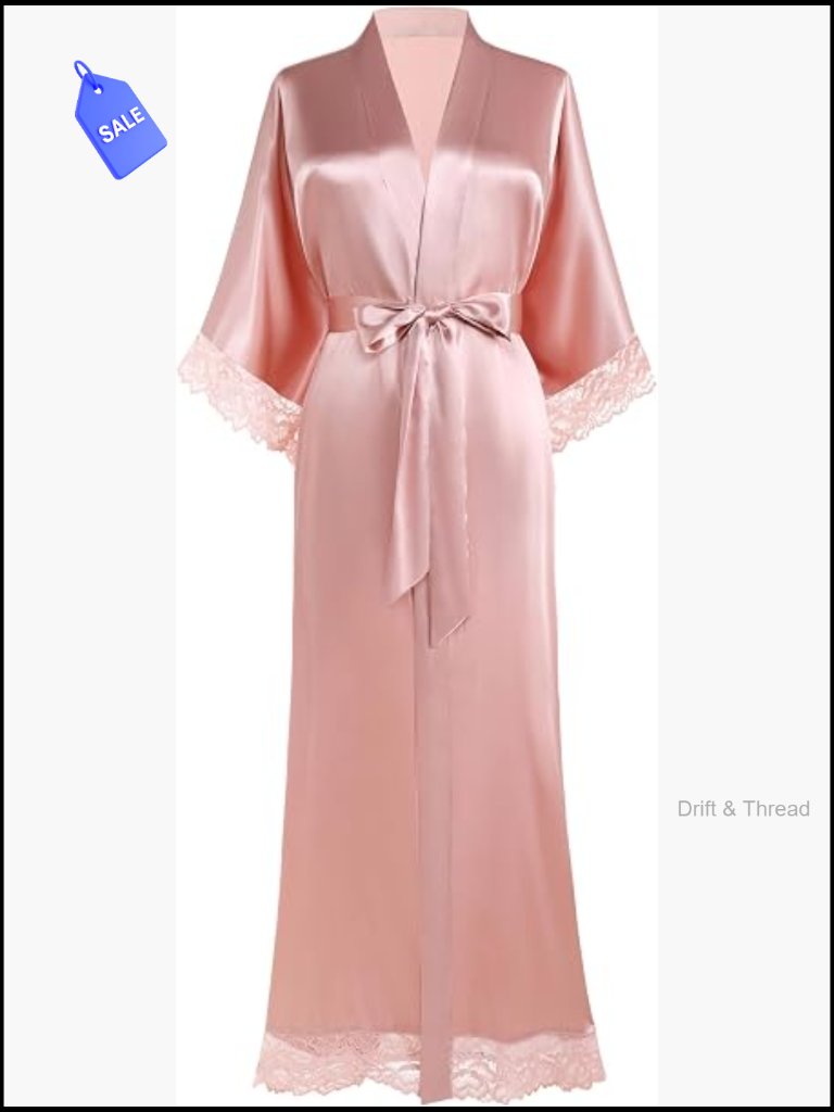 Satin Kimono Robe Long Silky Bathrobe With Lace Trim